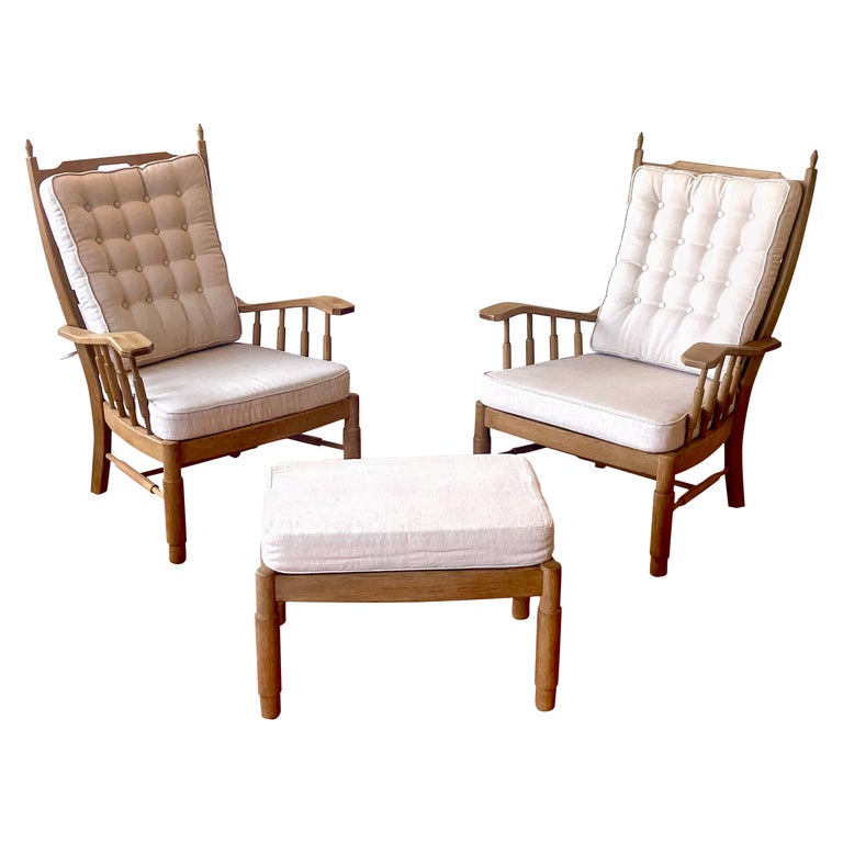 Pair of French Oak Chairs & Ottoman For Sale