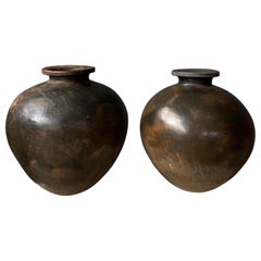 Pair of Black Clay Ceramic Mezcal Jars from Central Oaxaca, Mexico, circa 1950's