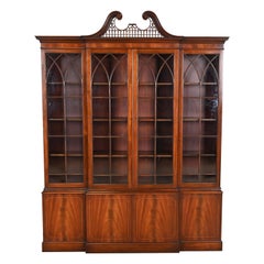 Vintage Baker Furniture Chippendale Flame Mahogany Breakfront Bookcase Cabinet