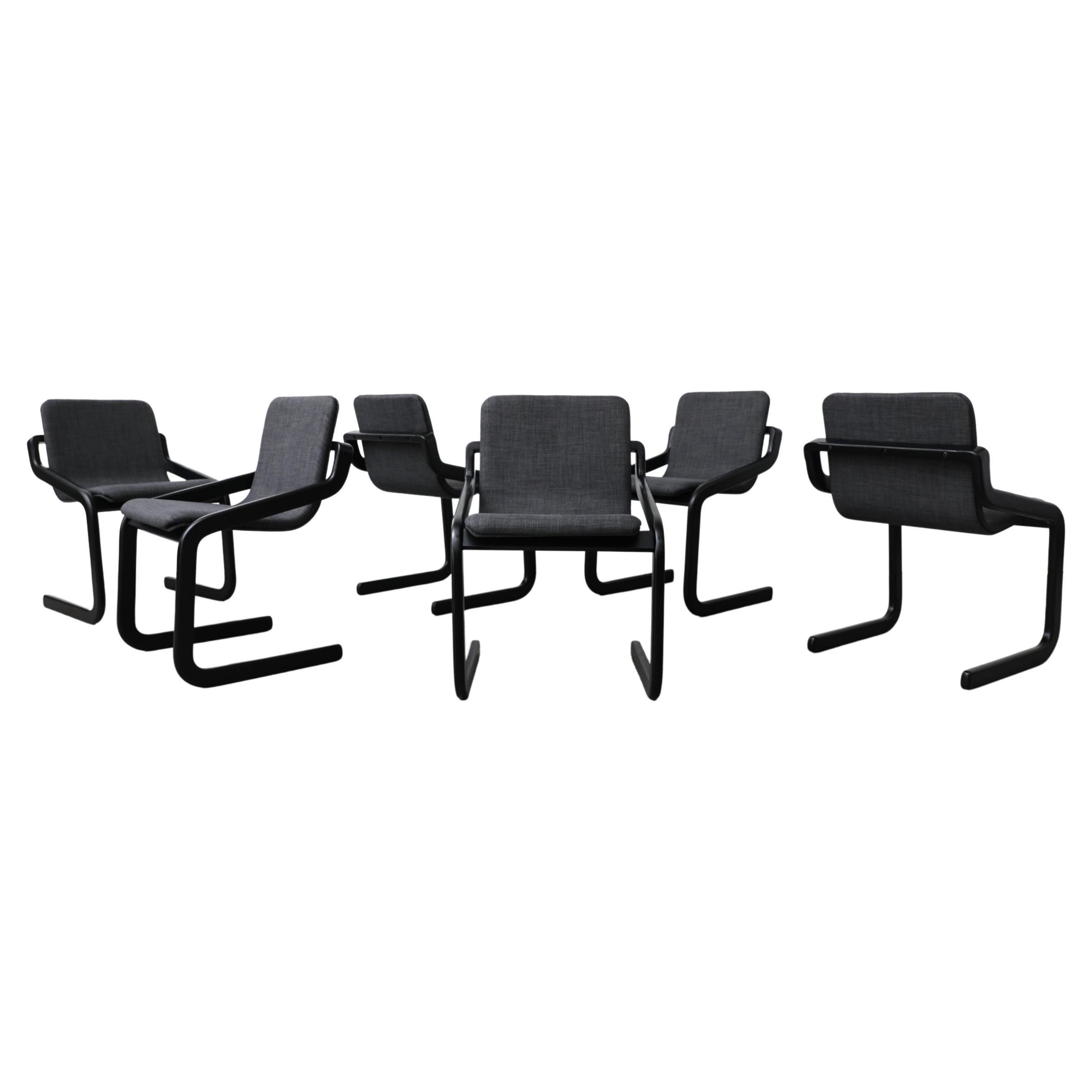 Set of 6 Mod Cantilevered Dining Chairs w/ Black Frames and New Gray Upholstery For Sale
