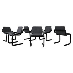 Set of 6 Mod Cantilevered Dining Chairs w/ Black Frames and New Gray Upholstery