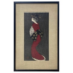 Kaoru Kawano Grande gravure sur bois japonaise signée Figure de Geisha dansant Figure Eshima