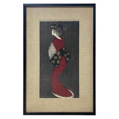 Kaoru Kawano Grande gravure sur bois japonaise signée Figure de Geisha dansant Figure Eshima