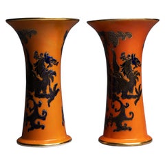 Pair of Mason's Ashworth Orange Ironstone Dragon Trumpet Vases