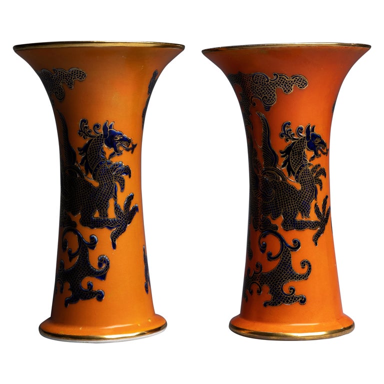 Pair of Mason's Ashworth Orange Ironstone Dragon Trumpet Vases For Sale