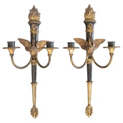 Pair of Antique French Empire Style Gilt Bronze Sconces With Swans & Torches