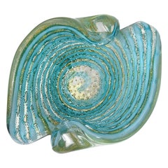 Ercole Barovier Toso Murano Gold Flecks Blue Swirl Stripe Italian Art Glass Bowl