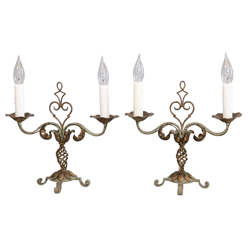 Pair of 1930s French Gilt Tole & Painted Iron Two Light Candelabras Table Lamps For Sale