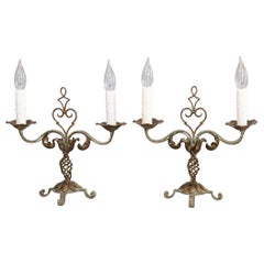 Pair of 1930s French Gilt Tole & Painted Iron Two Light Candelabras Table Lamps