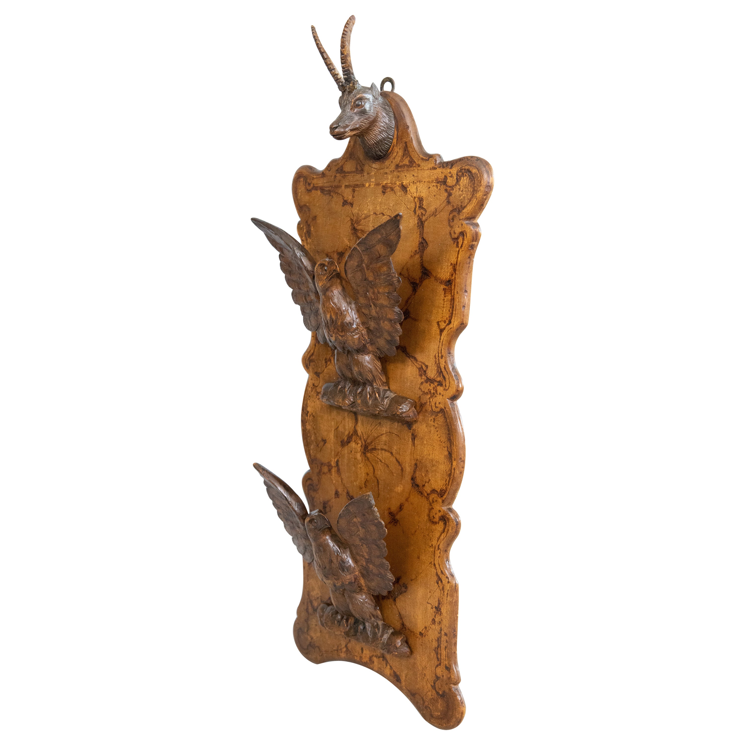 Antique Swiss Black Forest Carved Antelope & Eagles Wall Mounted Letter Holder For Sale