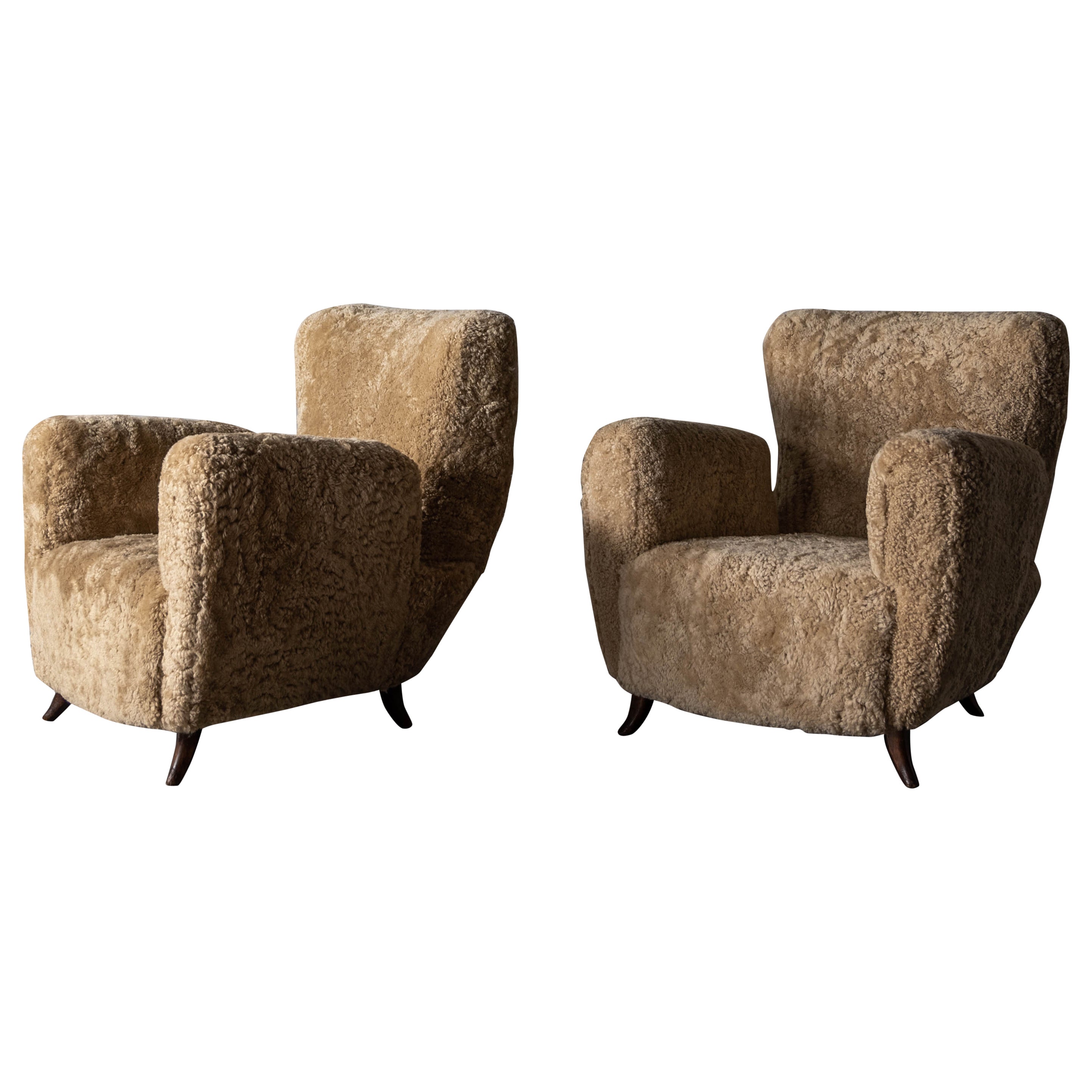 Italian Designer, Lounge Chairs, Beige Shearling, Wood, Italy, 1940s