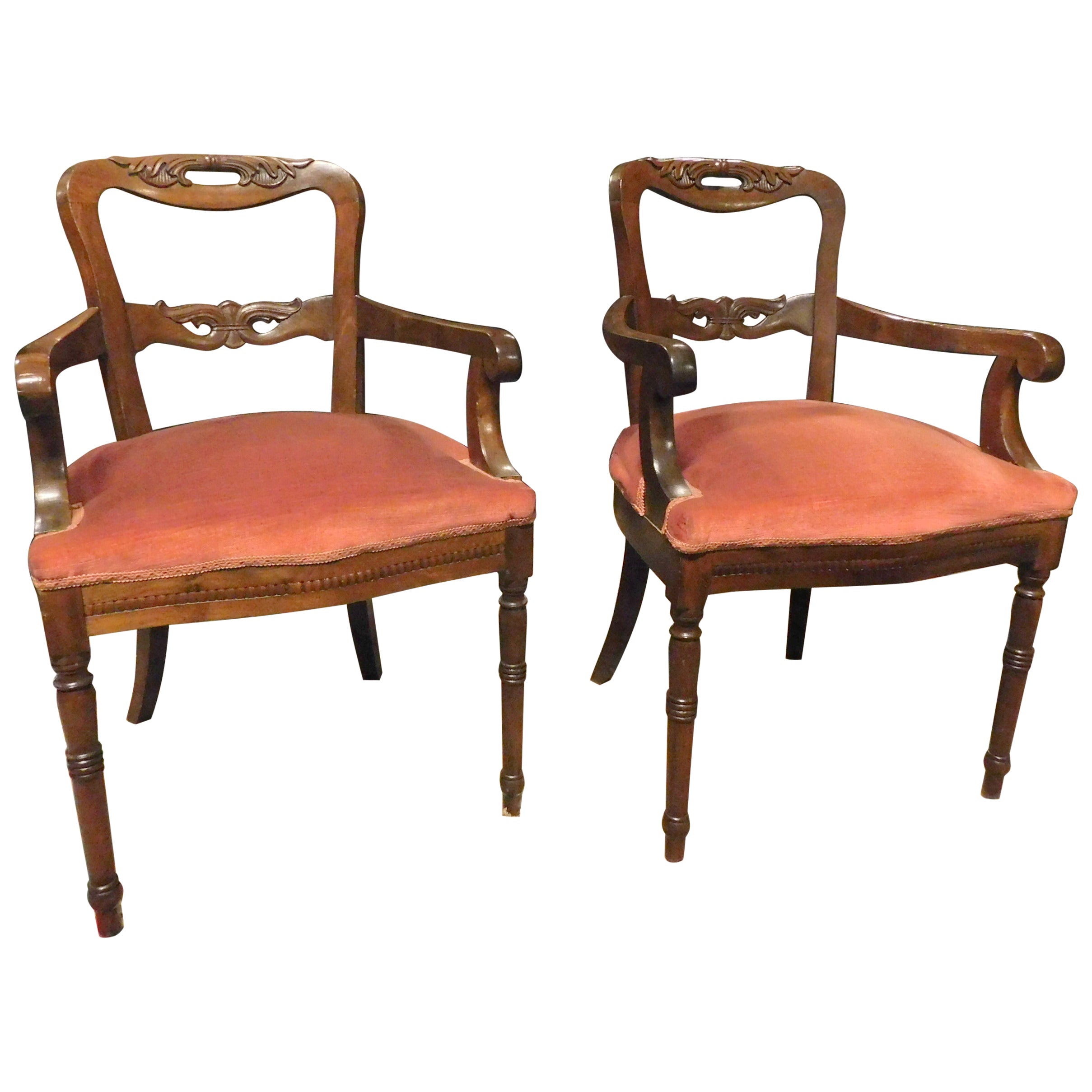 Pair of Armchairs, Seats in Walnut and Red Velvet, 19th Century Italy