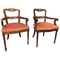Pair of Armchairs, Seats in Walnut and Red Velvet, 19th Century Italy