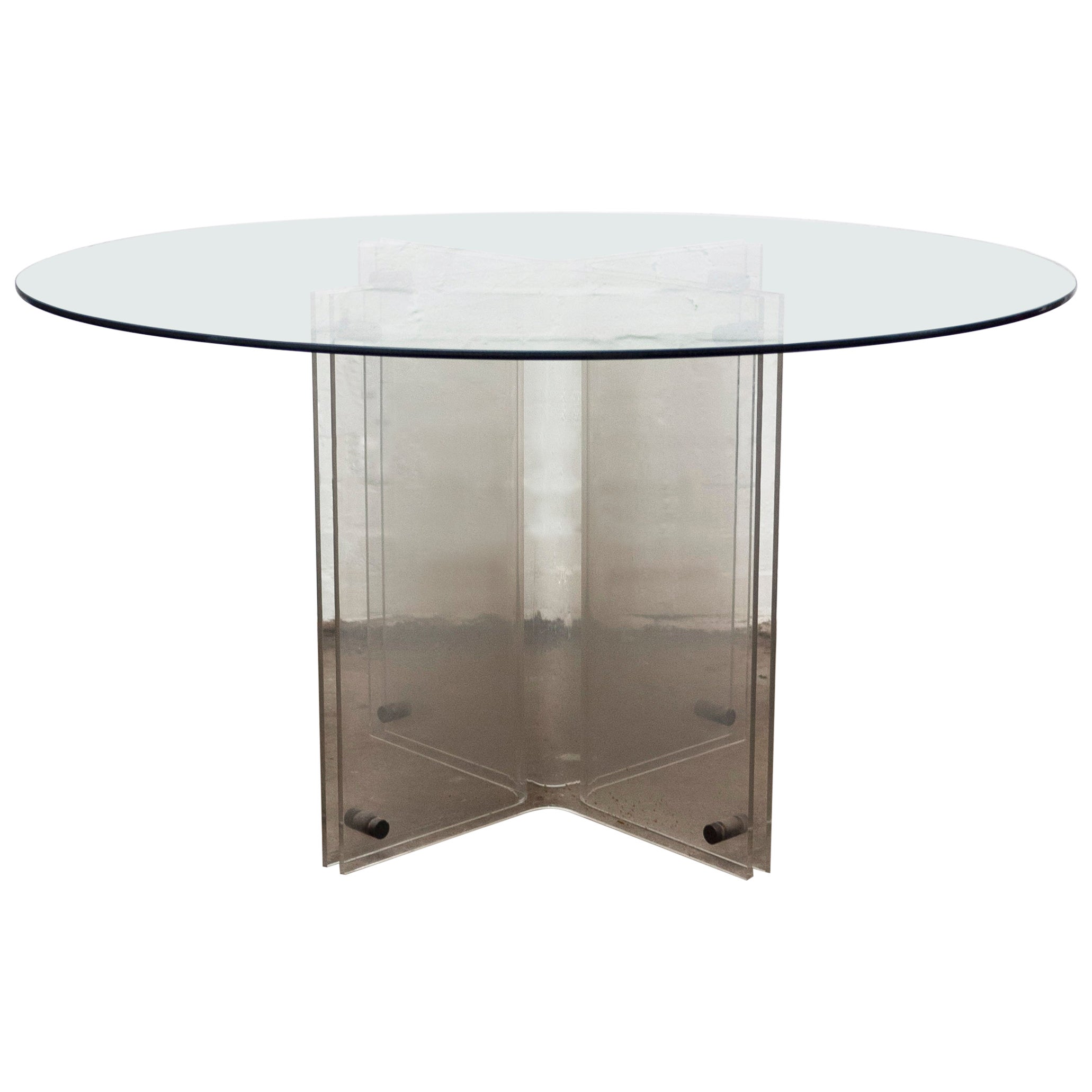 Vintage Hollywood Regency Lucite and Glass Round Dining Table, 1980s For Sale