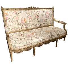 French Louis XVI Style Hand Carved Giltwood Three Seat Sofa Chinoiserie Fabric