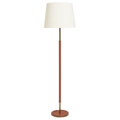 French Mid-Century Brown Faux Leather and Brass Floor Lamp