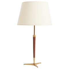 1950s Brass and Brown Leather Table Lamp