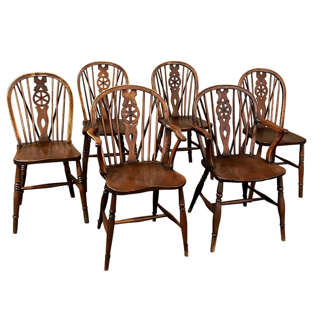 Set of 6 English Windsor Dining Chairs Includes 2 Armchairs