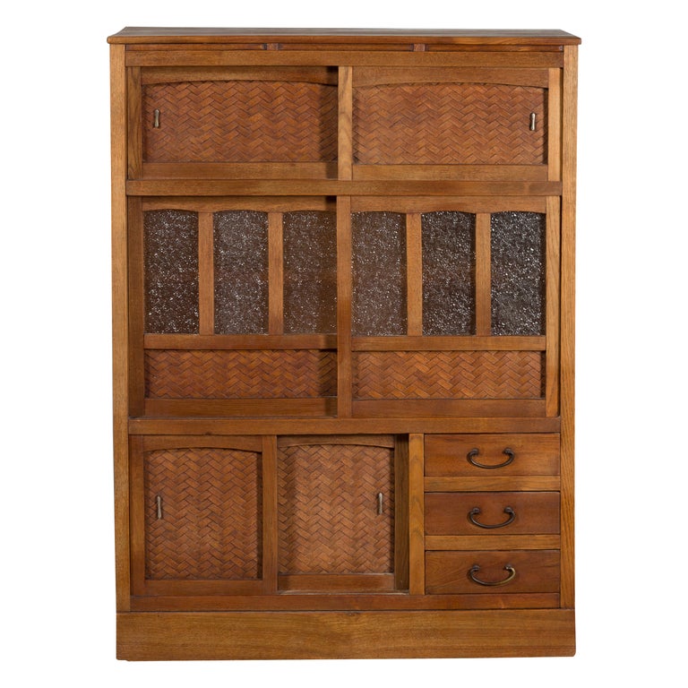 Japanese Antique Kitchen Cabinet with Sliding Doors, Rattan and Glass Panels For Sale