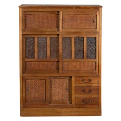 Japanese Antique Kitchen Cabinet with Sliding Doors, Rattan and Glass Panels