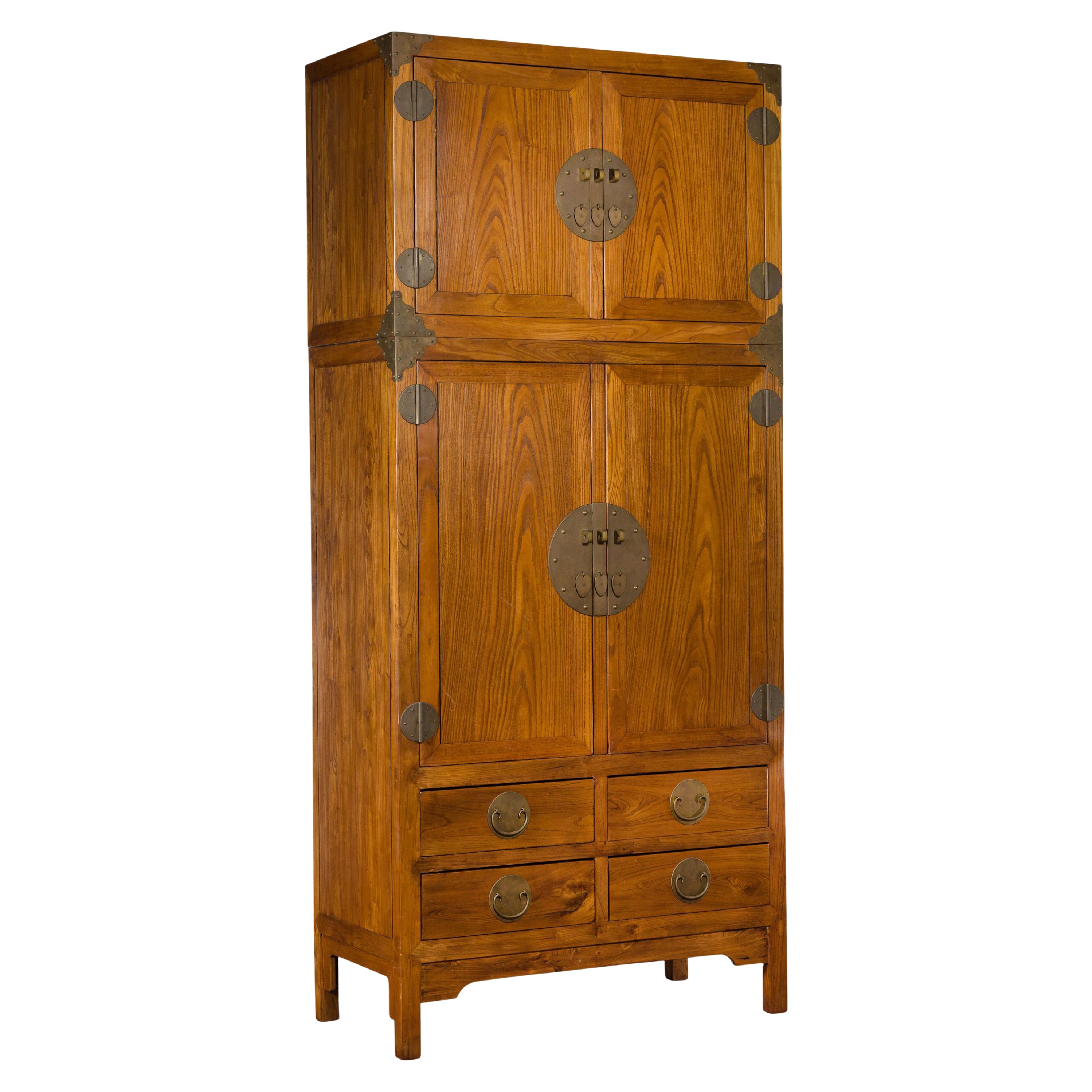 Large Qing Dynasty Oak Wood Compound Cabinet with Brass Medallions For Sale