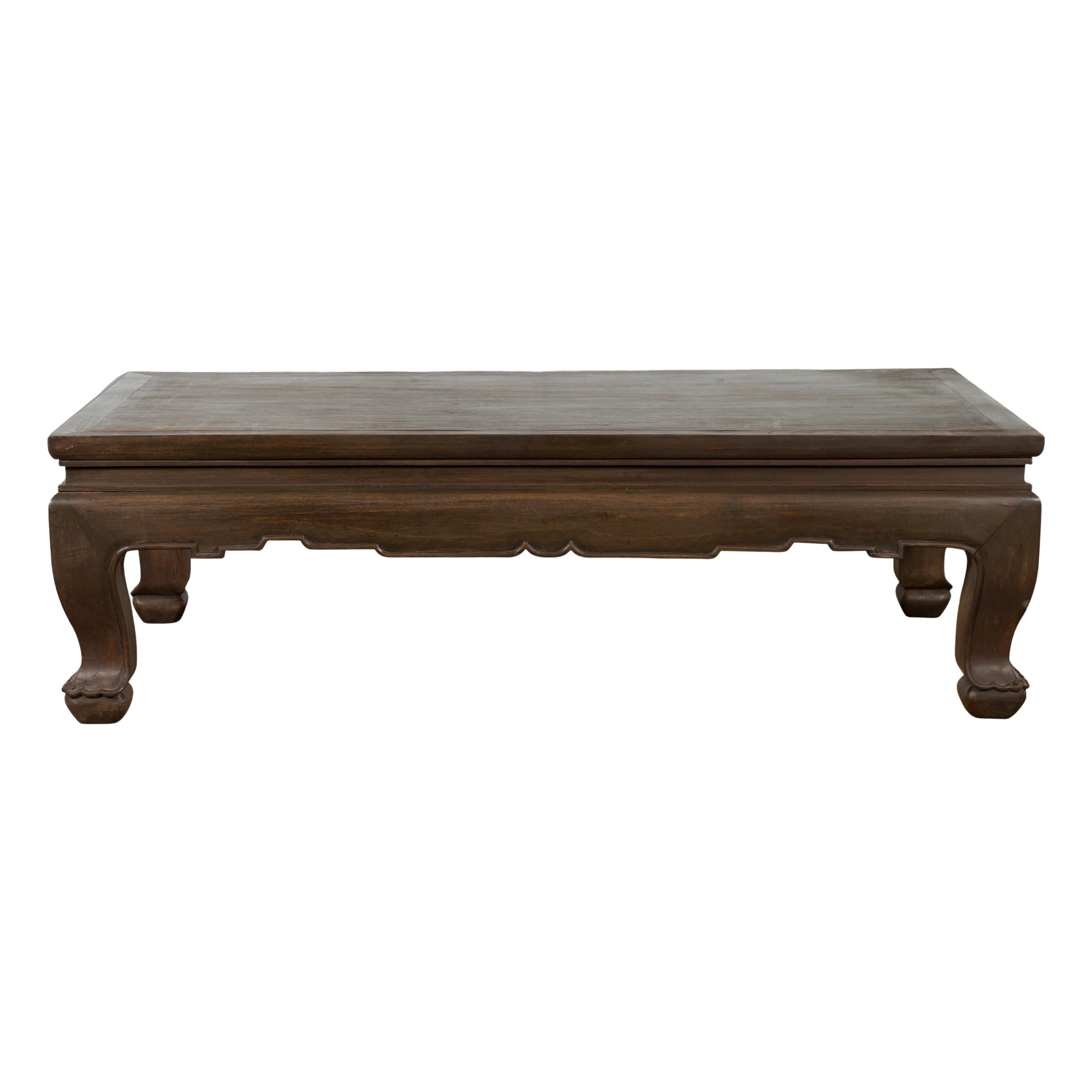 Thai Teak Wood Vintage Coffee Table with Carved Apron and Dark Brown Patina