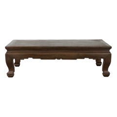 Thai Teak Wood Vintage Coffee Table with Carved Apron and Dark Brown Patina