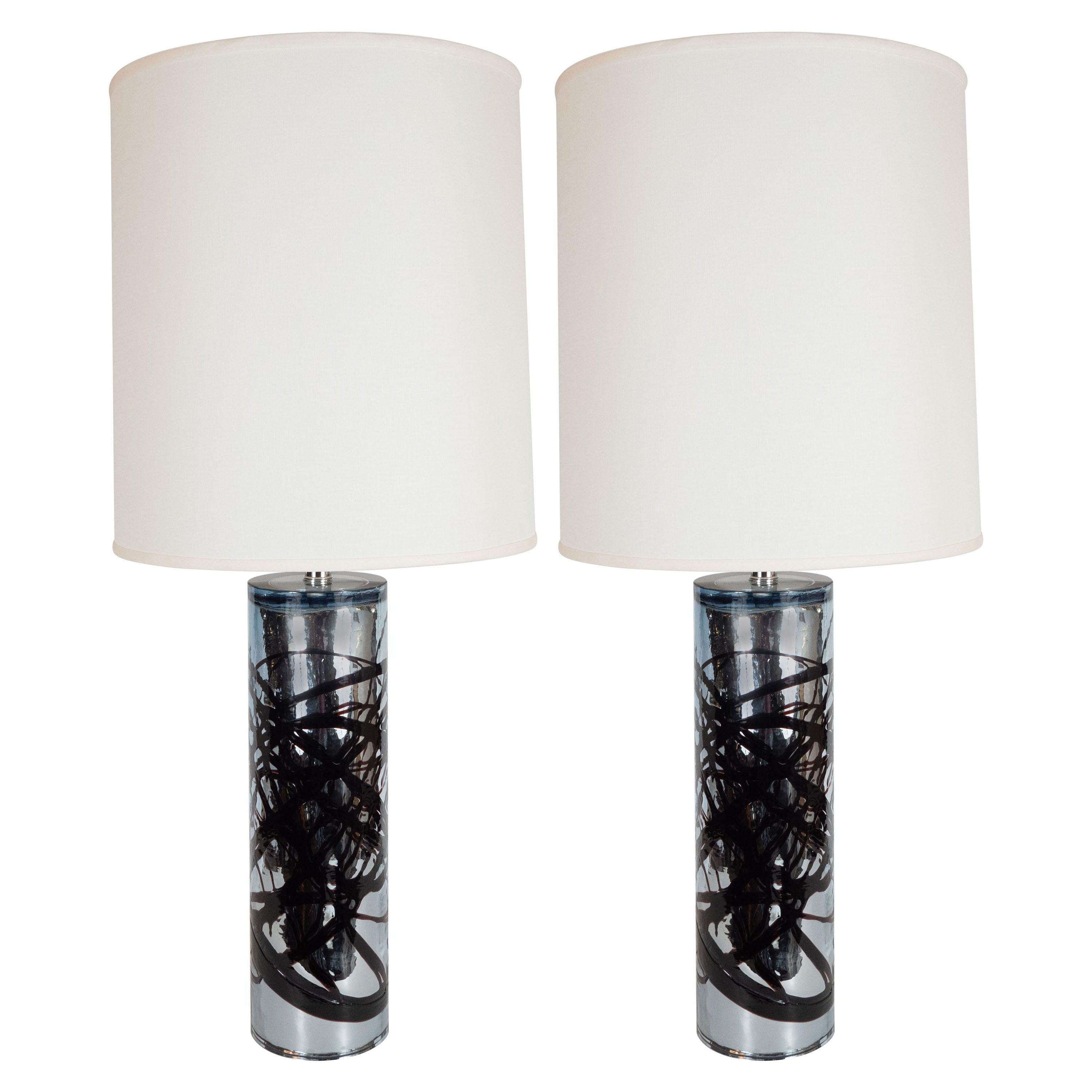 Pair of Modernist Handblown Murano Mercury Glass Table Lamps Organic Detailing