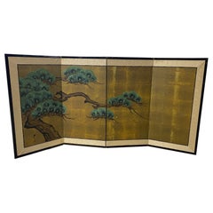 Japanese Asian Signed Four-Panel Folding Byobu Showa Venerable Pine Tree Screen
