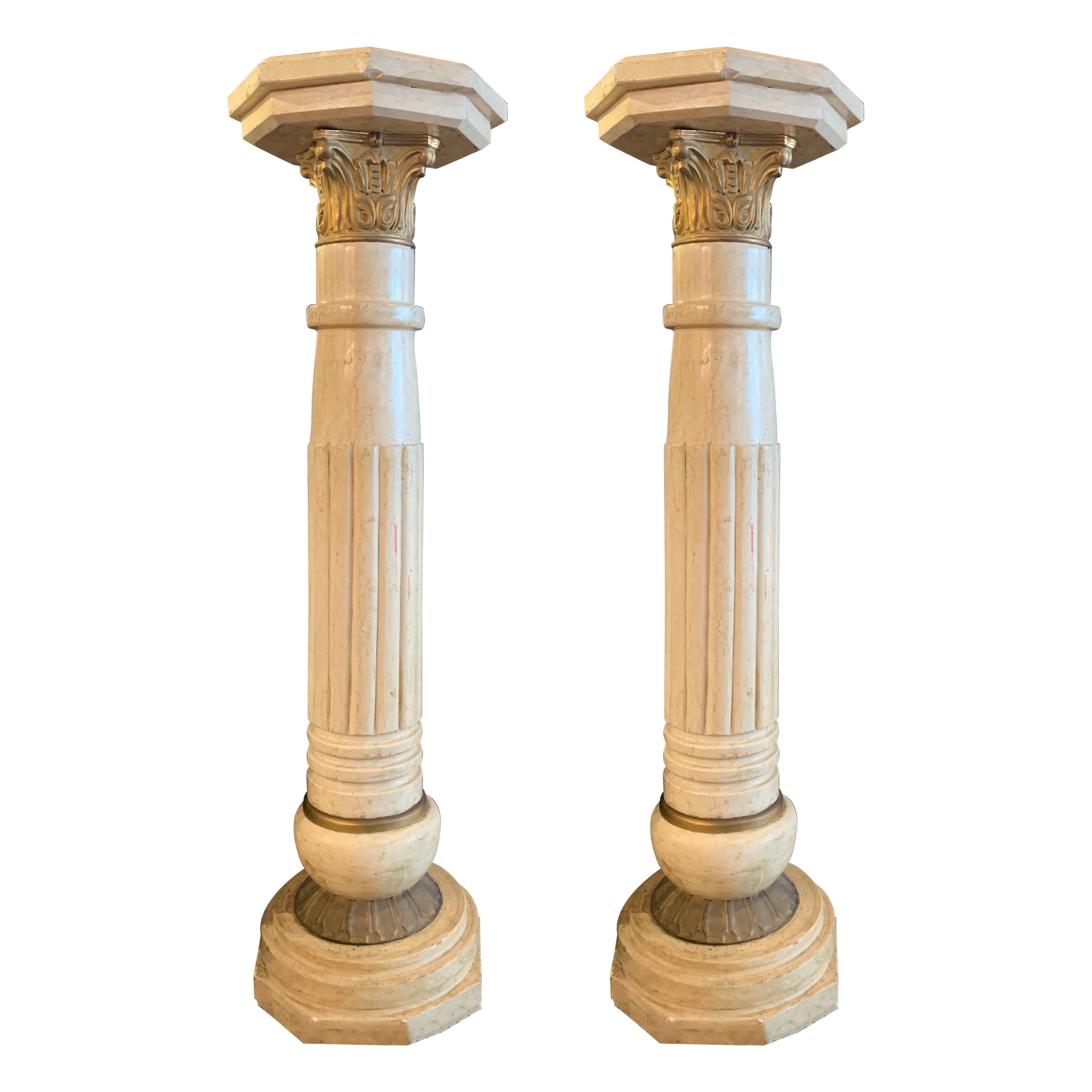 Pair of Impressive Marble Pedestals with Brass Capitals For Sale