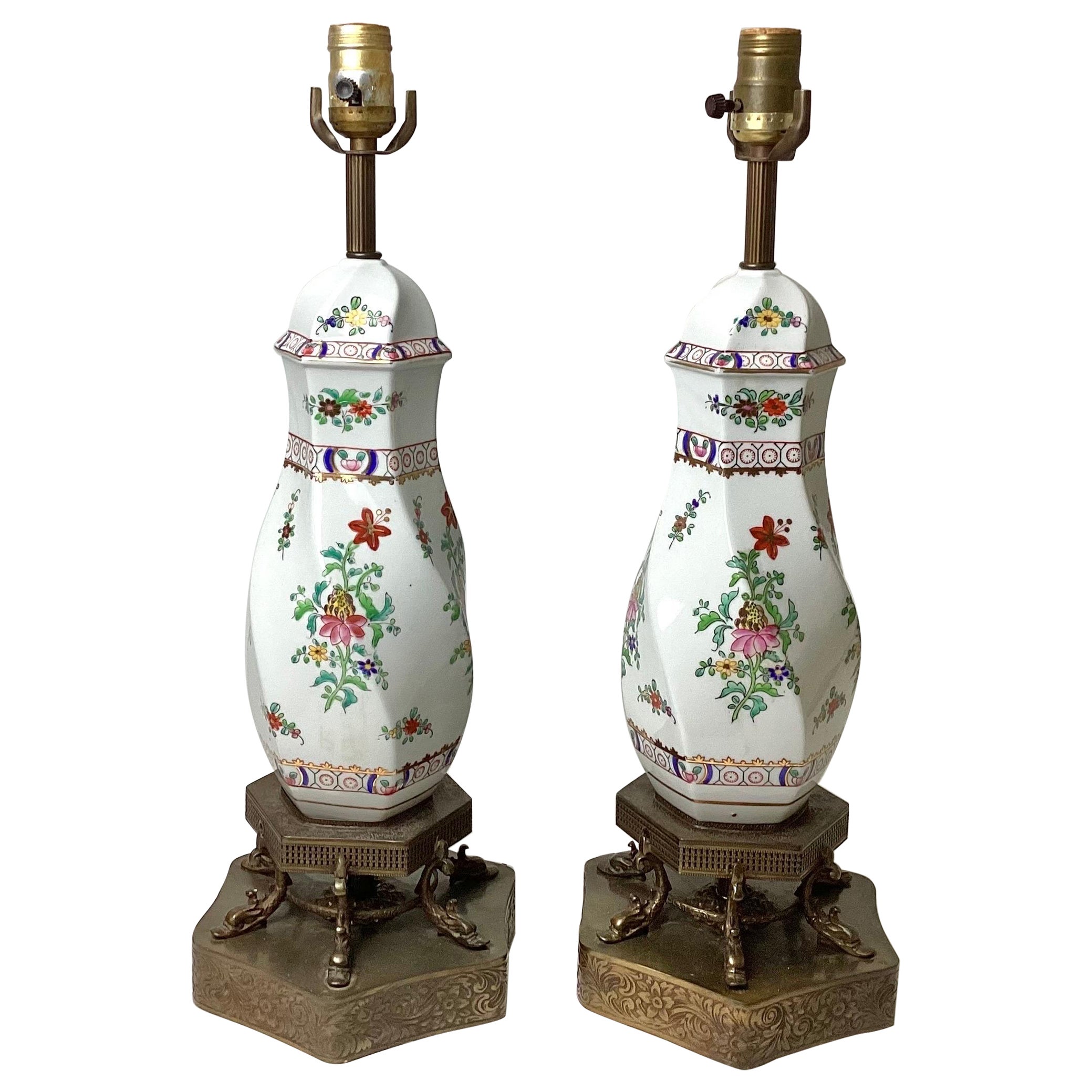 Pair of Hand-Painted Porcelain Lamps For Sale