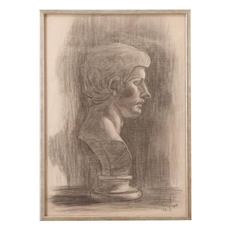 French Vintage Framed Charcoal Bust Sketch For Sale at 1stDibs