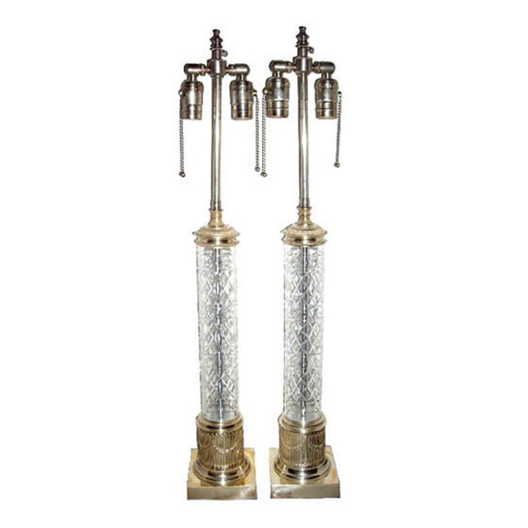 Pair of Cut Glass Table Lamps For Sale