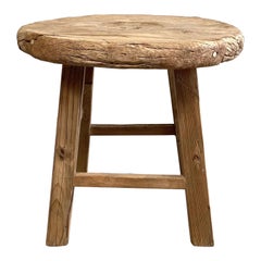 Vintage Elm Wood Wheel Side Table