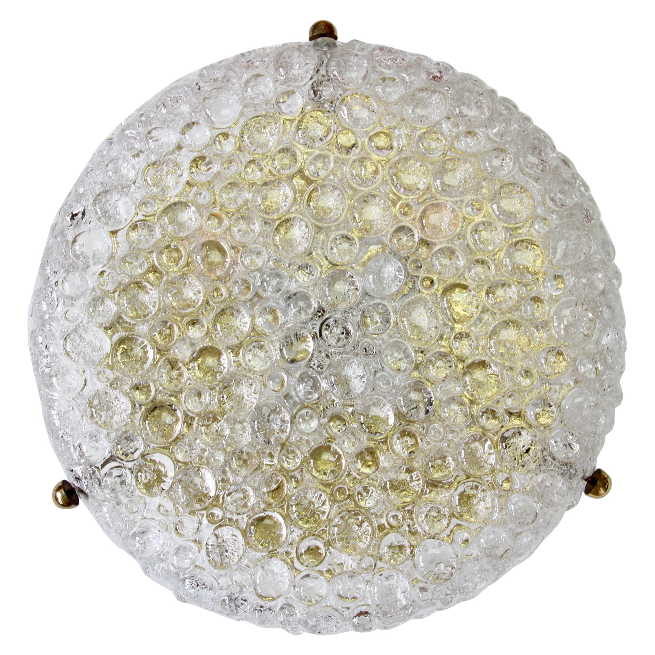 Large Textured Bubble Glass & Brass Flush Mount Light by Hillebrand Germany For Sale