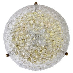 Retro Large Textured Bubble Glass & Brass Flush Mount Light by Hillebrand Germany
