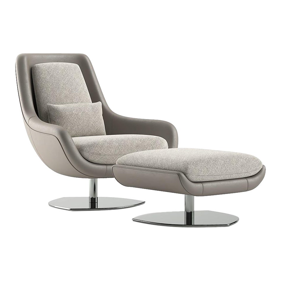 Swivel Armchair W Ottoman in Leather & Polished Stainless Steel