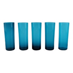 Nanny Still for Riihimäen Lasi, Five Drinking Glasses in Blue Art Glass