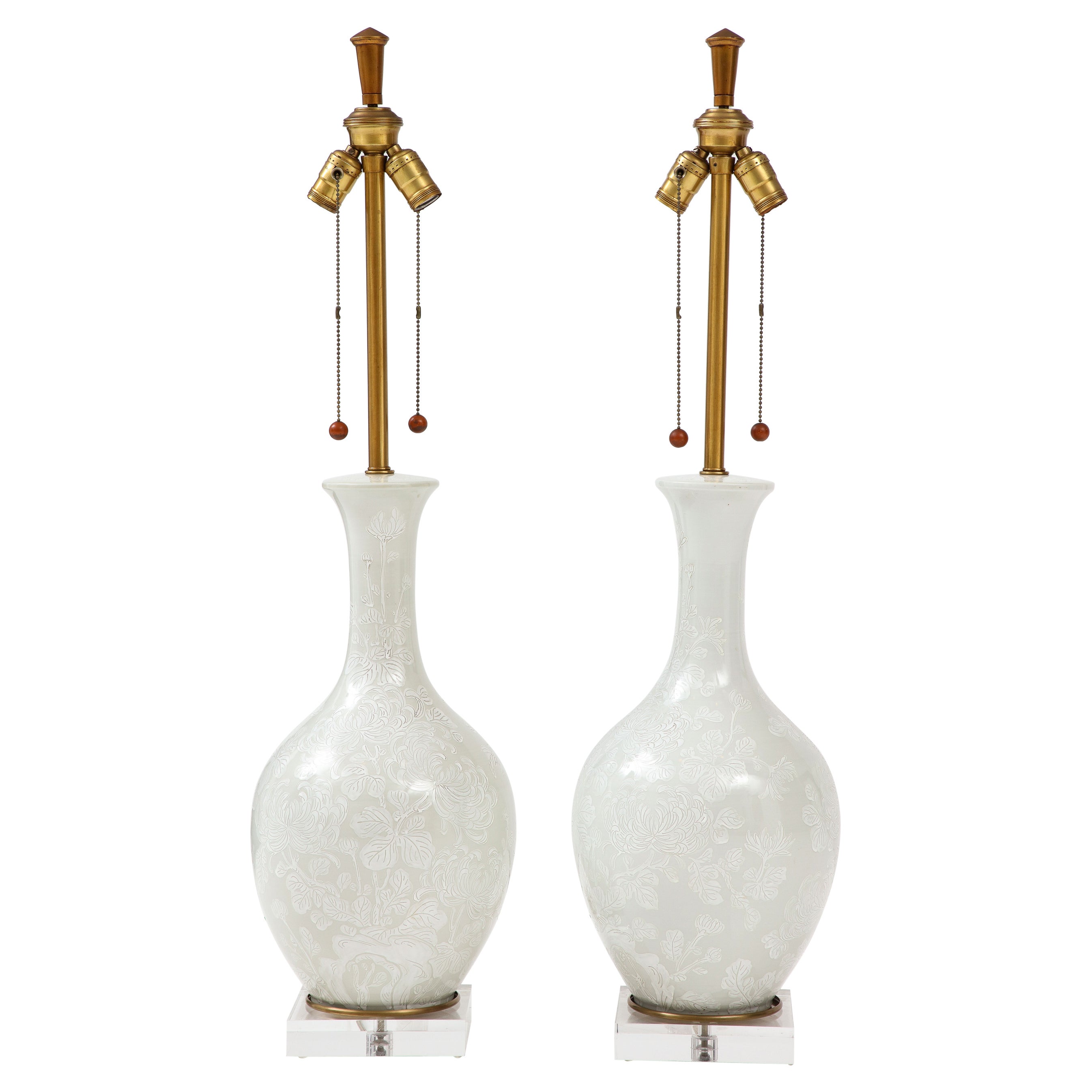 Marbro White, Beige Chrysanthemum Porcelain Lamps For Sale