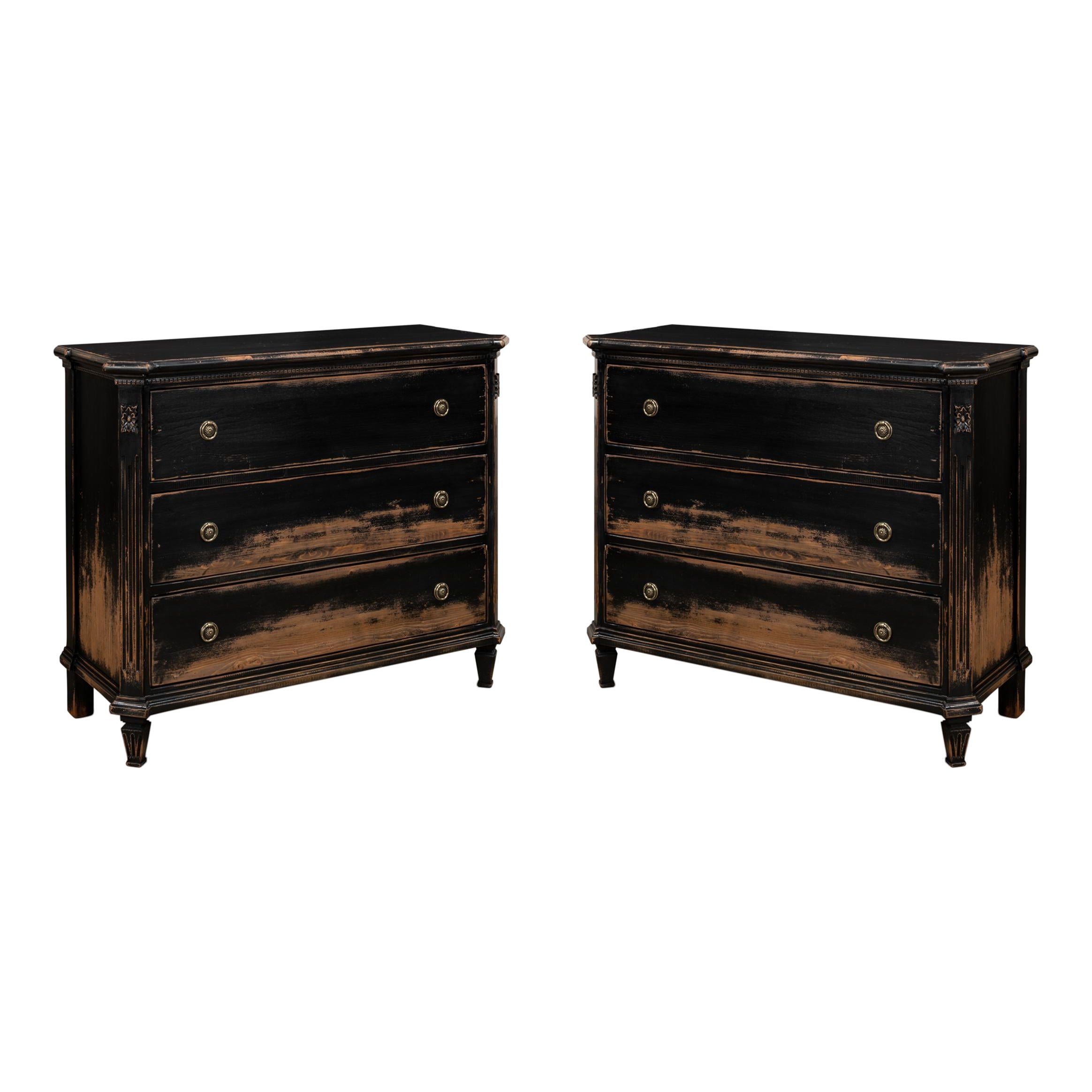 Pair of Louis XVI Style Antiqued Black Commodes For Sale