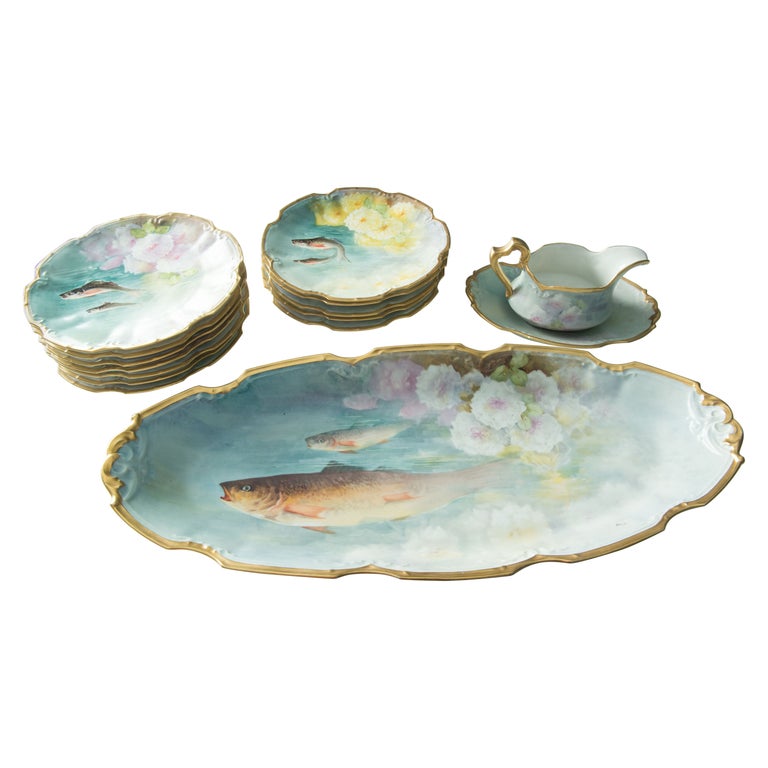 Hand-Painted Fish Set for 12, by Flambeau Limoges, France For Sale