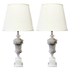 Retro 1950s Italian Neoclassical White Marble Tall Table Lamp with Pleated Shades