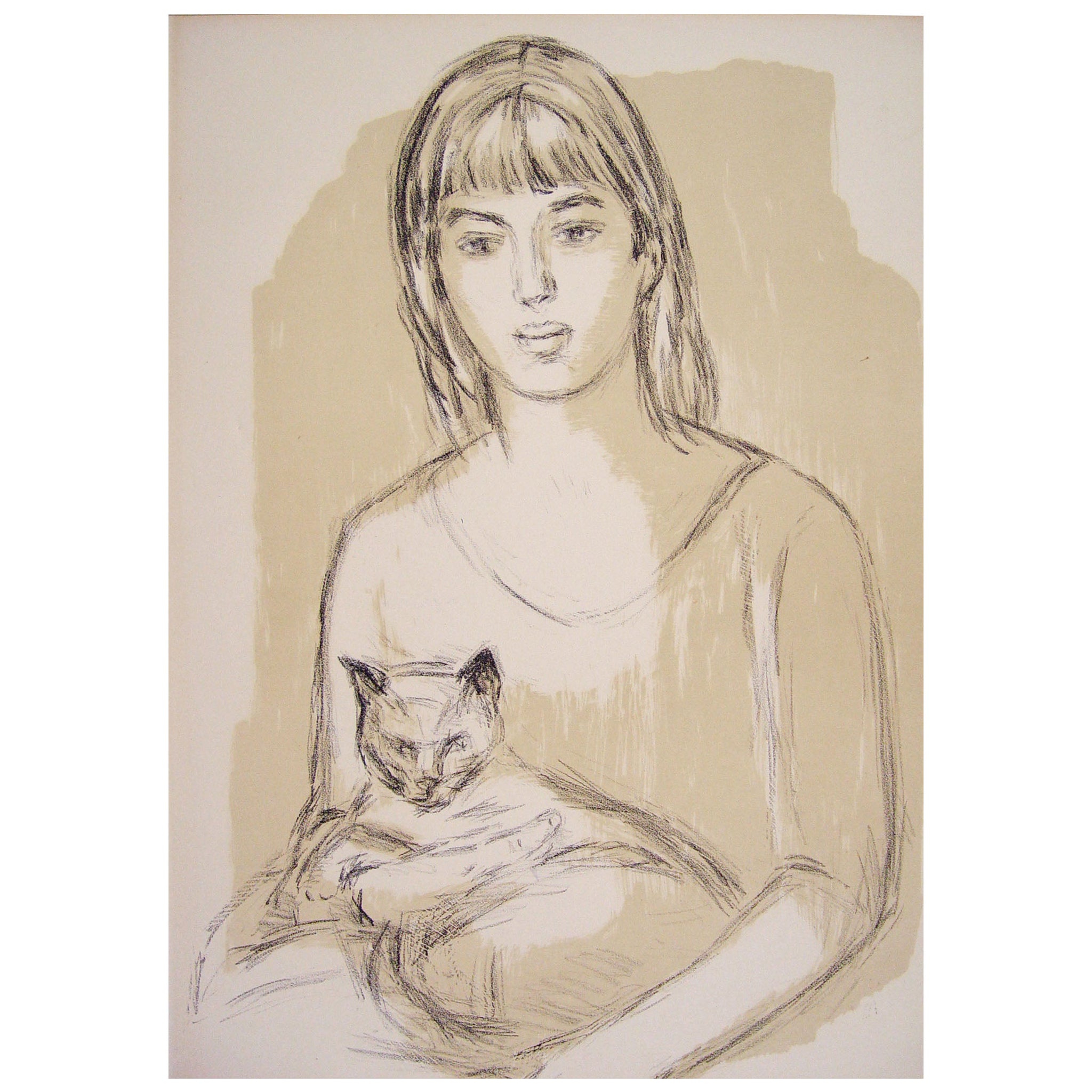 Einar Rosen Girl with Cat, lithographie du milieu du XXe siècle