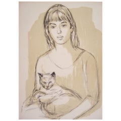 Vintage Mid 20th Century Einar Rosen Girl with Cat Lithograph