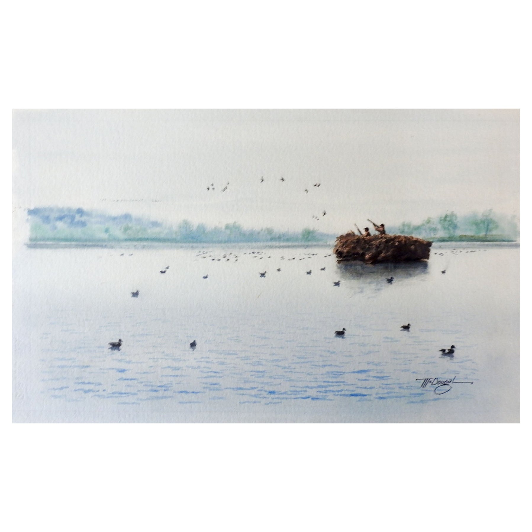 Peinture à l'aquarelle du milieu du 20e siècle sur les chasseurs de canards