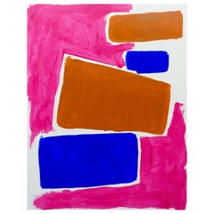 Peinture contemporaine de forme abstraite en terre cuite rose et bleue