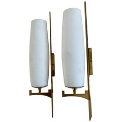 Modernist Sconces Attr to Maison Arlus in Brass and Opaline Glass, France, 1950s