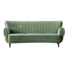 Danish Ca. 1950 Curved Sofa in Green Mohair and Brass Capped Legs