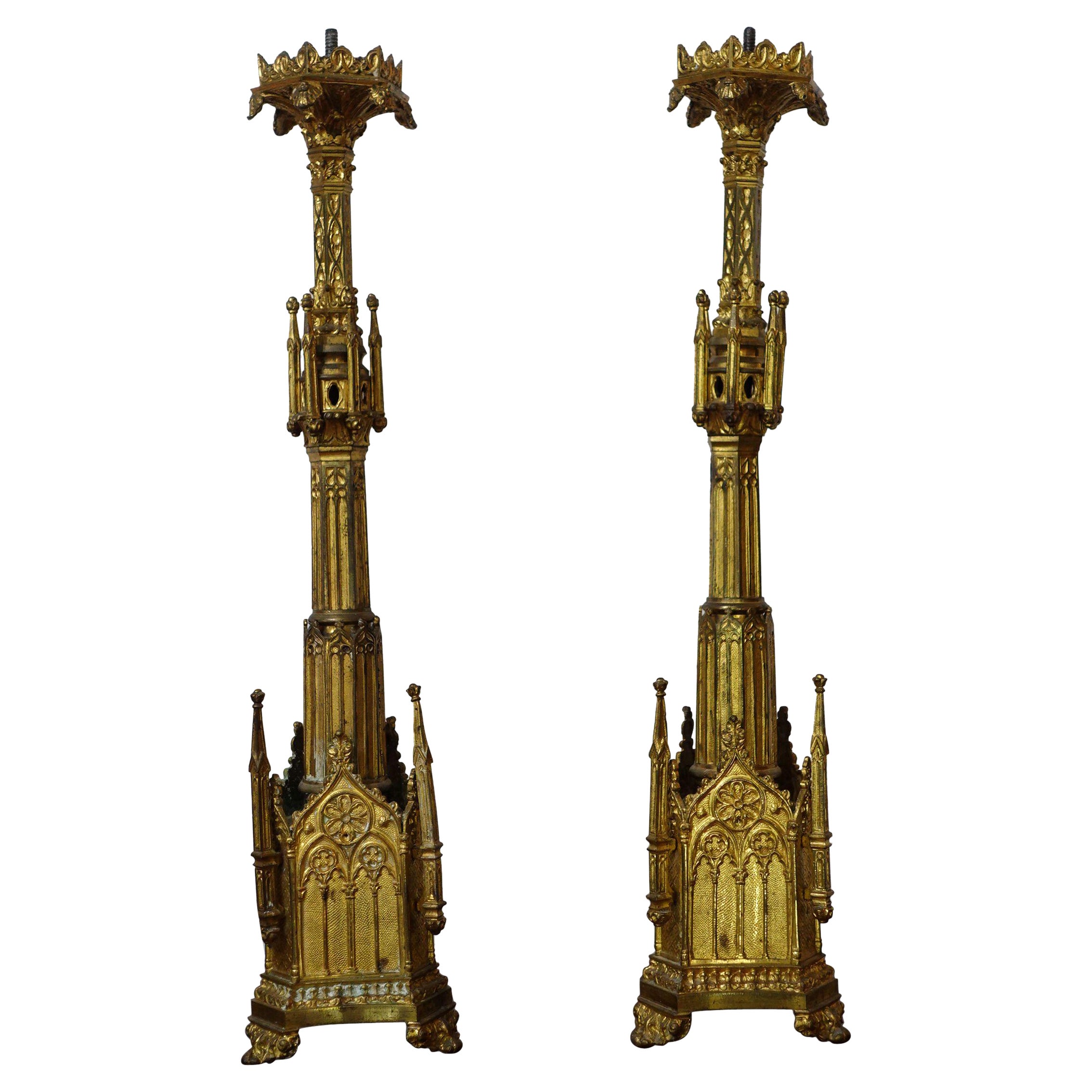 Antique Pair Gothic Cathedral Brass Prickets-Church/Altar Candlesticks, Ric.0042 For Sale
