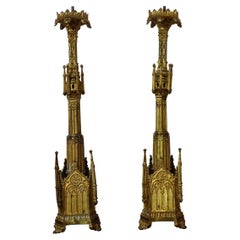 Used Pair Gothic Cathedral Brass Prickets-Church/Altar Candlesticks, Ric.0042